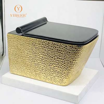 Concealed Tank wall hung toilets square shape model water closet wall hung yibaige ceramic toilet factory luxury gold color